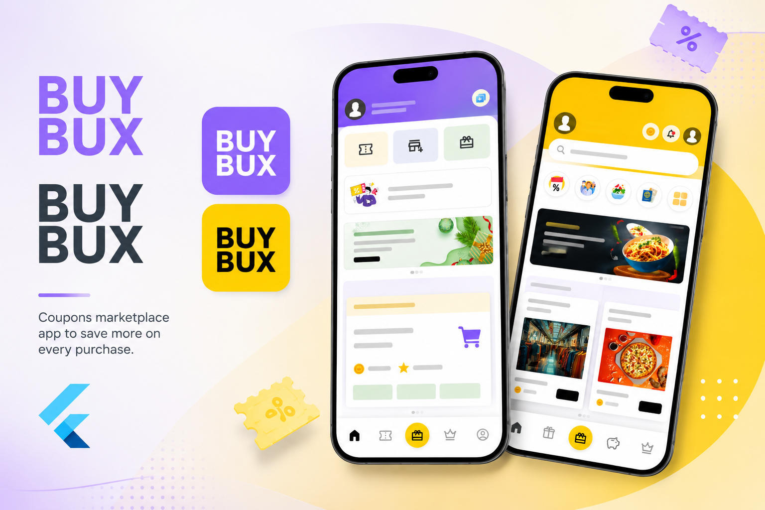 BuyBux coupon commerce app visual for merchant and customer apps