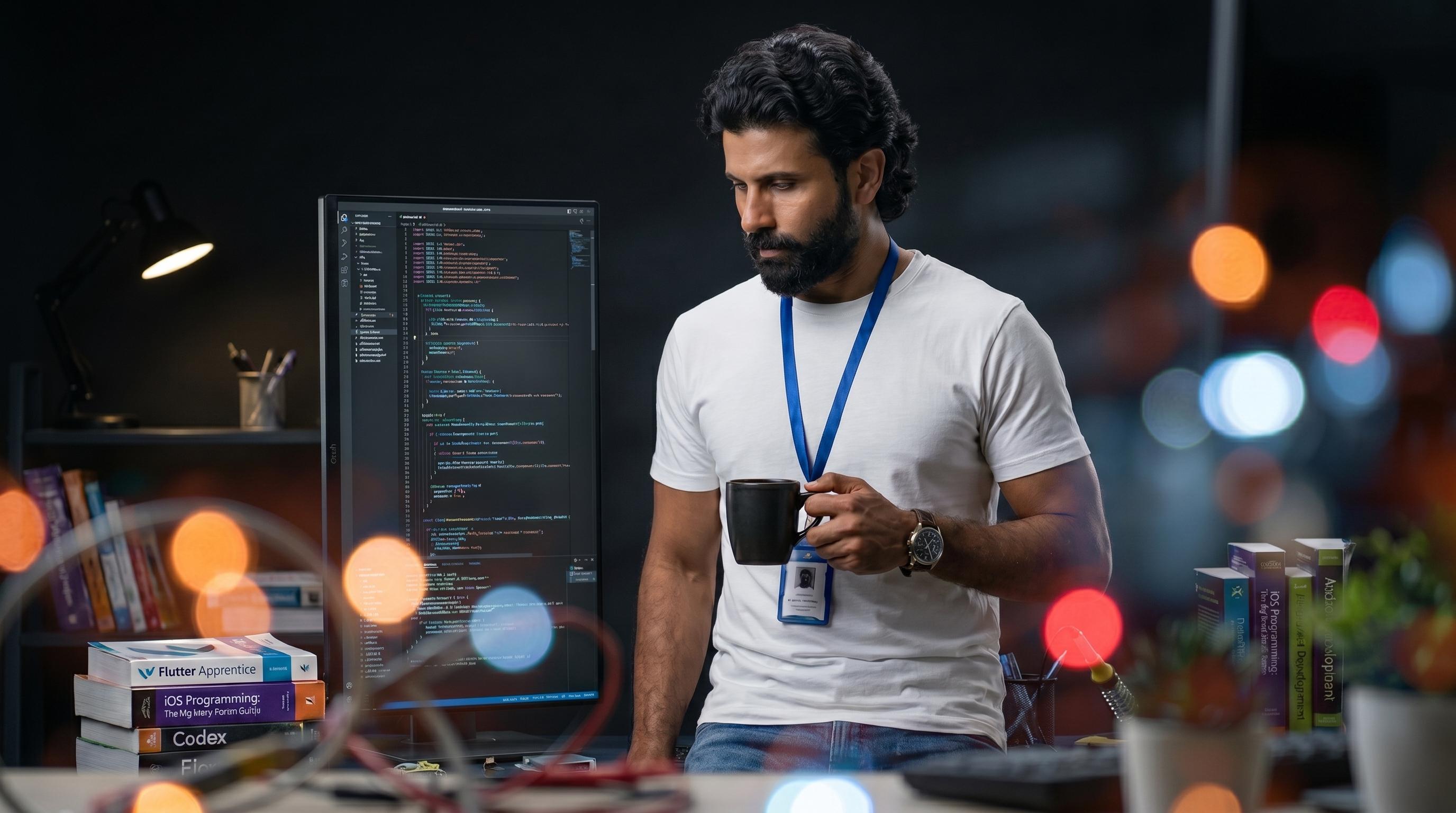 Jaseel at a developer workspace with code open on a monitor