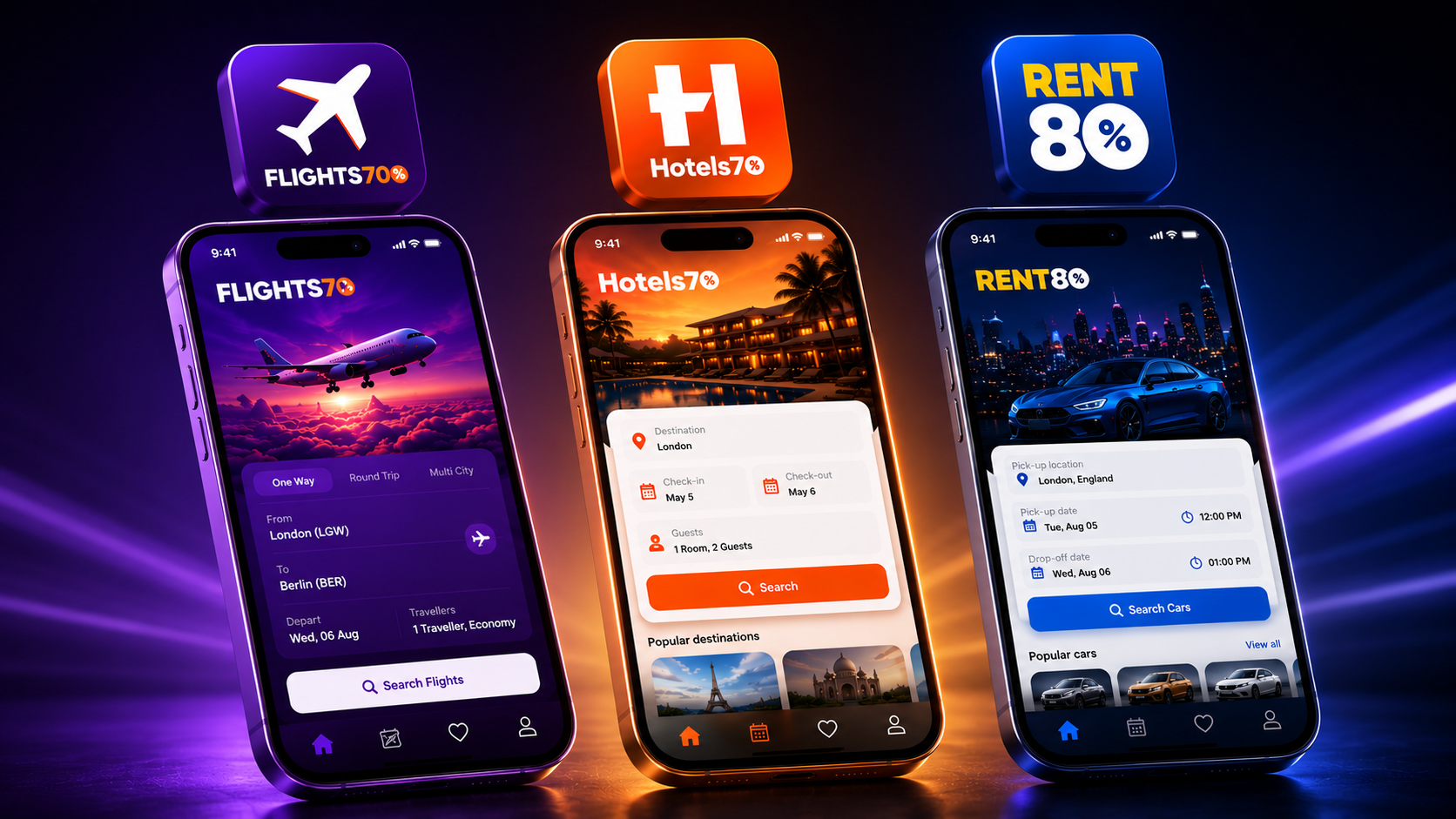 Rental booking apps visual covering flights, hotels, and car rentals